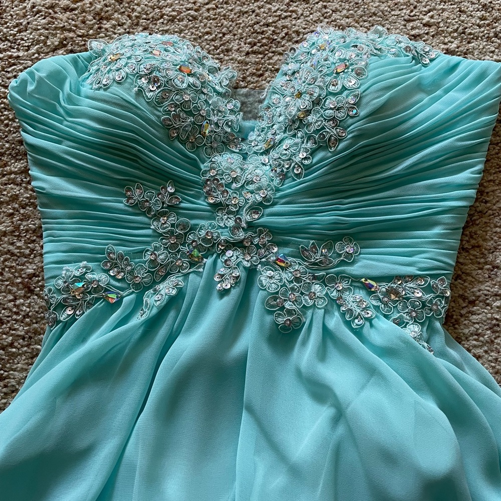 dancing queen, xs, long prom length teal strapless dress with sequins